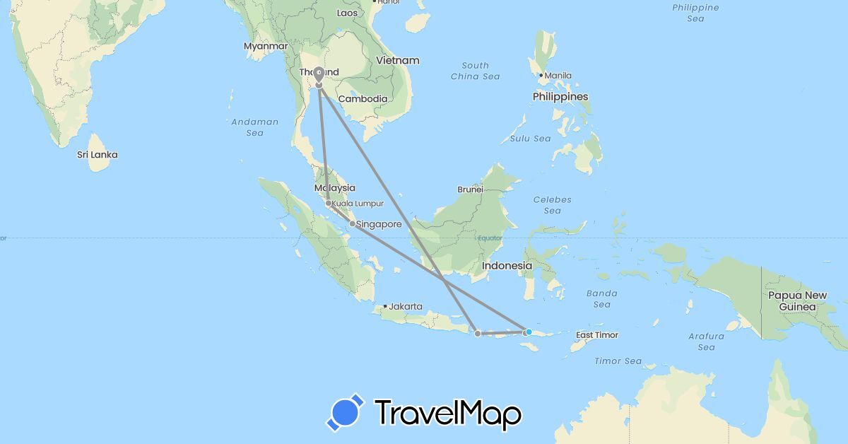 TravelMap itinerary: plane, boat in Indonesia, Malaysia, Singapore, Thailand (Asia)