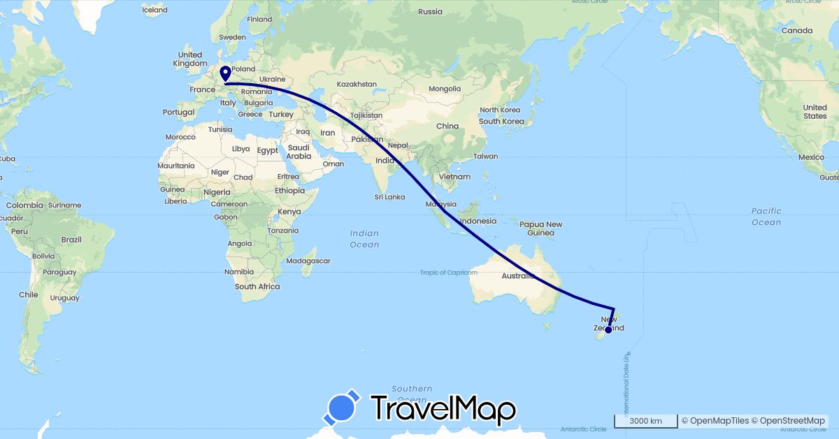 TravelMap itinerary: driving in Germany, New Zealand, Singapore (Asia, Europe, Oceania)